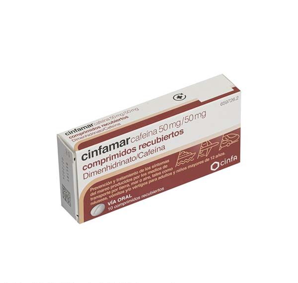 Cinfamar cafeína 50mg/50mg 10 comprimidos recubiertos
